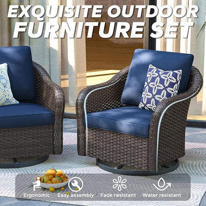 Outdoor Wicker 360 Degree Swivel Glider Rocker Chairs Set, Patio Conversation Furniture Set with Washable Cushions for Garden, Poolside (Navy Blue)