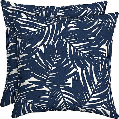 Arden Outdoor Throw Pillows 2 Pack, 16x16 Patio Accent Cushions, Water & UV Resistant, Fade Resistant Outdoor Decorative Pillows with Recycled Polyfiber Fill, earthFIBER Cover, Navy Blue King Palm