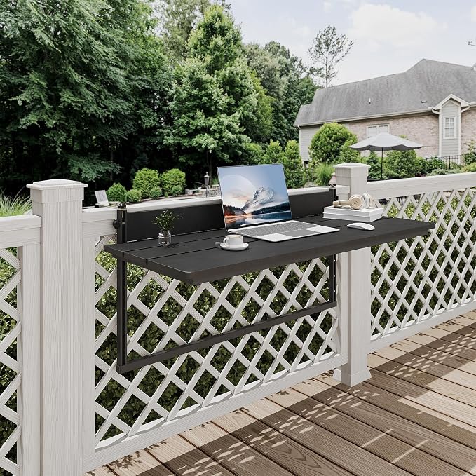 Sundale Outdoor 40" Large Folding Balcony Table for Railing, Patio HDPE Bar Adjustable Hanging Table for Baluster Garden Deck, Black