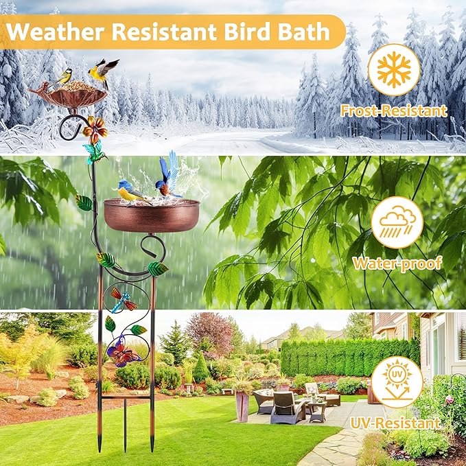 2 In 1 Bird Bath for Outside, Freestanding Large Bird Feeder Birdbaths for Outdoors, Garden Metal Bird Baths Bowl for Patio Yard, Copper