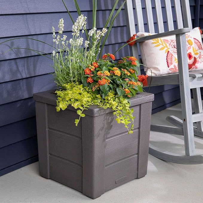 Step2 Lakewood Square Planter, Large Planters for Outdoor Plants, Gardening and Flower Pot for Patio or Porch, Efficient Drainage, Durable Plastic, Dark Cedar, 1-Pack