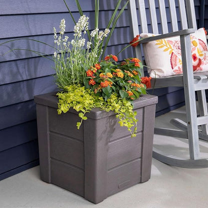 Step2 Lakewood Square Planter, Large Planters for Outdoor Plants, Gardening and Flower Pot for Patio or Porch, Efficient Drainage, Durable Plastic, Dark Cedar, 1-Pack
