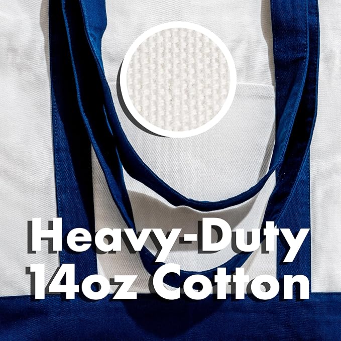 Carrywell (Not Made In China) Canvas Tote Bags with Zipper, 15"x 21", Heavy Duty Organic Cotton With Handles and Front Pocket, Reusable Shopping Totes