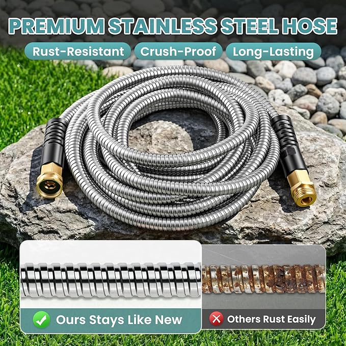 Cesun 25 ft Metal Garden Hose, Stainless Steel Heavy Duty Water Hose With 10 Function Nozzle, No Kink & Flexible, Lightweight and Durable, Rust Proof for Yard, RV, Pet Bath, Outdoor, 25 foot x 5/8"