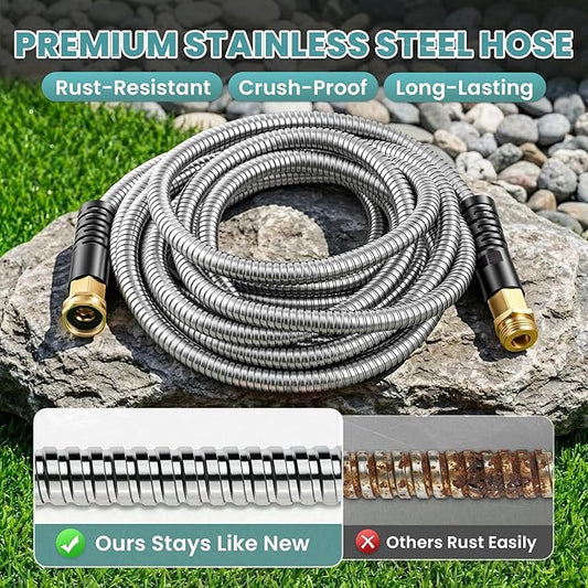 Cesun 25 ft Metal Garden Hose, Stainless Steel Heavy Duty Water Hose With 10 Function Nozzle, No Kink & Flexible, Lightweight and Durable, Rust Proof for Yard, RV, Pet Bath, Outdoor, 25 foot x 5/8"