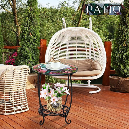 Cinnvoice Outdoor Side Table Round Small Mosaic Patio Accent Indoor End Plant Coffee Tea Table for Yard Patio Porch Garden Living Room, Bedroom(Hummingbird Style,18 Inch)