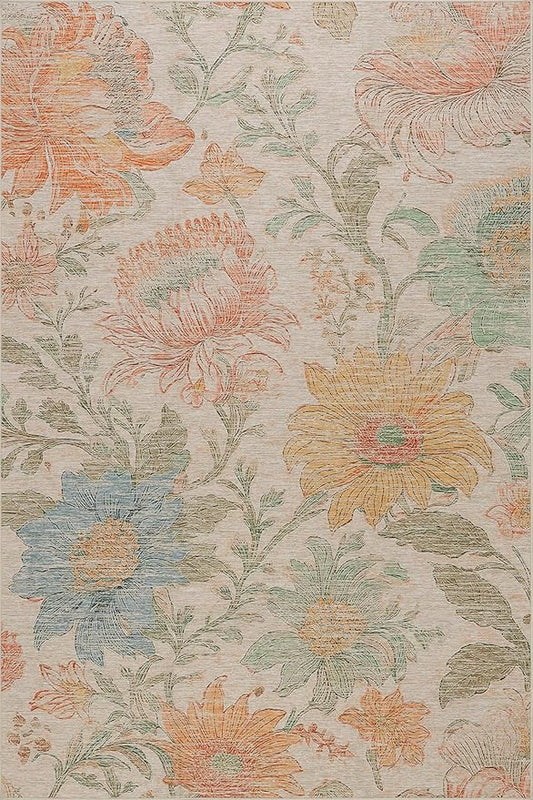 Dash & Albert Zell Multi Machine Washable Rug, 2 X 3 Feet, Multicolored/Tan Floral Pattern