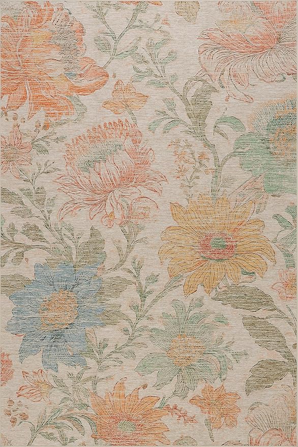 Dash & Albert Zell Multi Machine Washable Rug, 4 X 6 Feet, Multicolored/Tan Floral Pattern