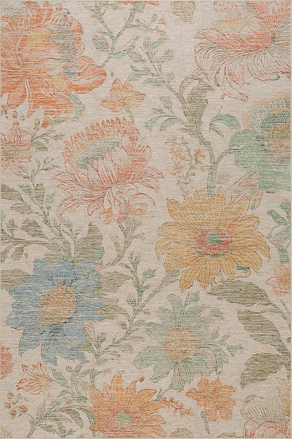 Dash & Albert Zell Multi Machine Washable Rug, 4 X 6 Feet, Multicolored/Tan Floral Pattern