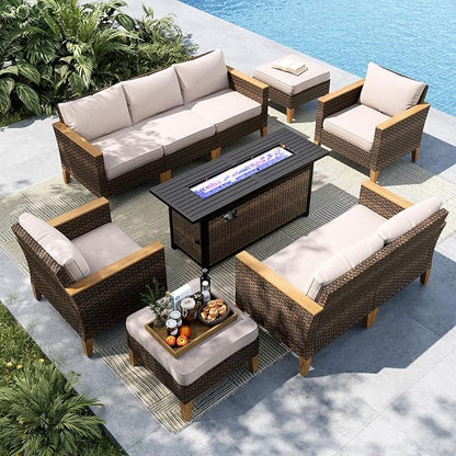 MFSTUDIO 9 Piece Wicker Patio Furniture Set with 56" Fire Pit Table, All-Weather PE Rattan Patio Sectional Sofa Conversation Set with 50000 BTU CSA Approved Fire Pit Table & Beige Cushion