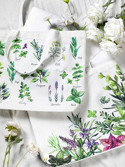Bencailor 2 Pcs Spring Flower Canvas Tote Bags Reusable Wildflowers Herbs Plant Grocery Bags for Women Shopping Spring Gifts(Herbs)