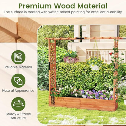S AFSTAR 77-Inch Raised Garden Bed with Arch Trellis, Hanging Roof & Drainage Holes, Vertical Plant Container for Vine Climbing Plant Flower, Indoor Outdoor Wood Elevated Planter Box for Garden