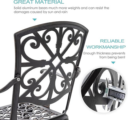 NUU GARDEN 3 Piece Outdoor Bistro Set Cast Aluminum Patio Set Bistro Table Set Rustproof Patio Table and Chairs with Umbrella Hole for Backyard, Balcony, Front Porch, Black