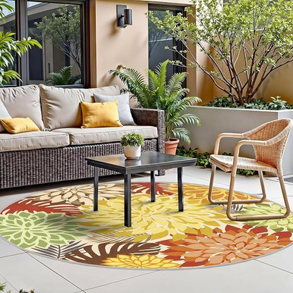 Colorful 6FT Outdoor Round Area Rug Washable Rugs Multicolored Patio Rug Tropical Botanical Floral Chenille Waterproof Outdoor Carpet for RV, Pool Deck, Backyard, Porch, Orange