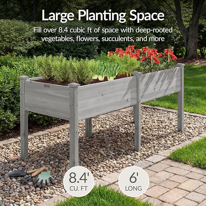 Best Choice Products 72x24x30in Raised Garden Bed, Elevated Wood Planter Box Stand for Backyard, Patio, Balcony w/Divider Panel, 6 Legs, 300lb Capacity - Gray