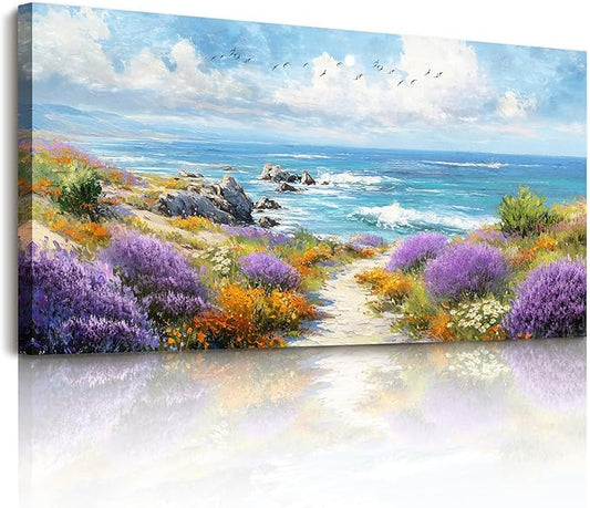 SERIMINO Coastal Wall Art, Large Landscape Wall Art, Ocean Wall Decor, Seaside Lavender Flower Canvas Prints, Nature Long Pictures for Living Room Bedroom Above Bed Office Decorations 20"x40"