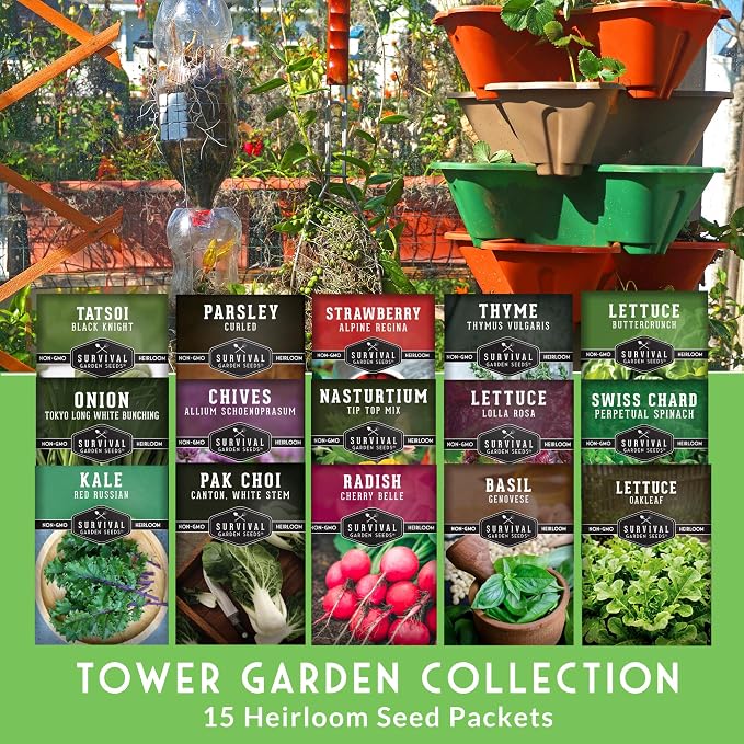 Tower Garden Seeds 15 Variety Collection - Heirloom Compact Vegetables & Herbs for Small Space, Patio, & Container Growing - Dwarf Garden Seed Variety Pack for Planting - Survival Garden Seeds