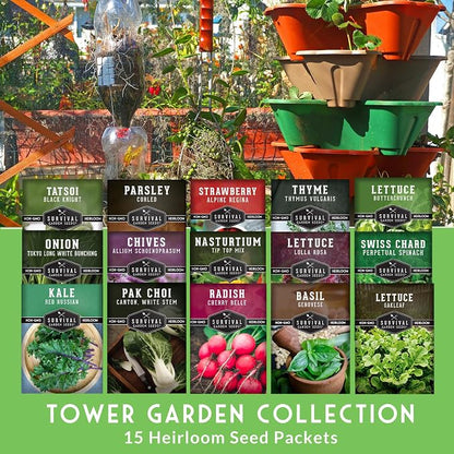 Tower Garden Seeds 15 Variety Collection - Heirloom Compact Vegetables & Herbs for Small Space, Patio, & Container Growing - Dwarf Garden Seed Variety Pack for Planting - Survival Garden Seeds