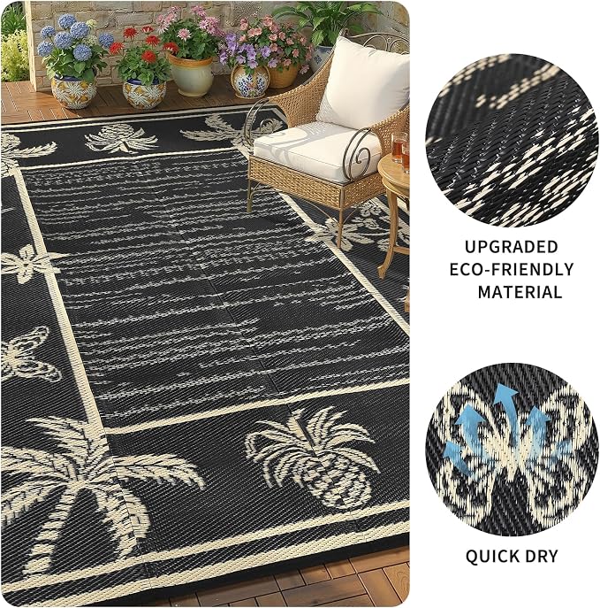 Garvee Outdoor Rug 9x12 Waterproof for Patios, Reversible Plastic Straw Rug, Tropical Leaf Indoor Outdoor Rugs, Large Area Rug for RV, Camping, Deck, Picnic Mat, Outside Carpet