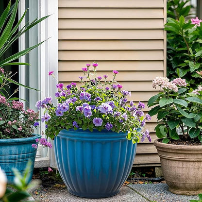 15" Outdoor Large Flower Pots (Set of 2), Gradient Blue Plastic Planters with 3D Texture, Weather-Resistant for Garden, Patio, Porch or Indoor Use