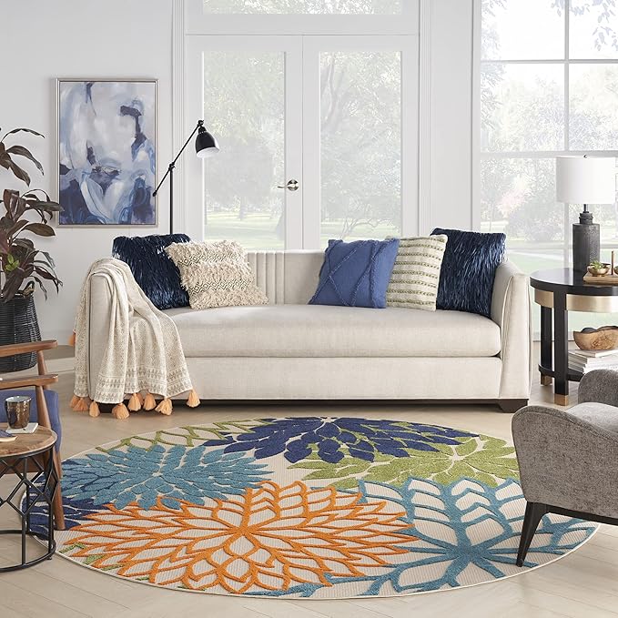 Nourison Home Aloha Indoor/Outdoor Multicolor 7'10'' x Round Area-Rug, Tropical, Botanical, Easy-Cleaning, Non Shedding, Bed Room, Living Room, Dining Room, Deck, Backyard, Patio (8 Round)