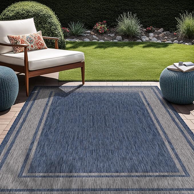 Beverly Rug Outdoor Rug 8x10 Modern Bordered Area Rugs for Indoor and Outdoor Patio Deck Porch Garden Waterproof Weather Sun Resistant Washable Outside Carpet (8 x 10 Navy)