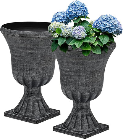 22" Large Urn Planters (Set of 2), Handmade Washed Black Plastic Flower Pots, Weatherproof for Porch, Garden, Patio or Home Décor