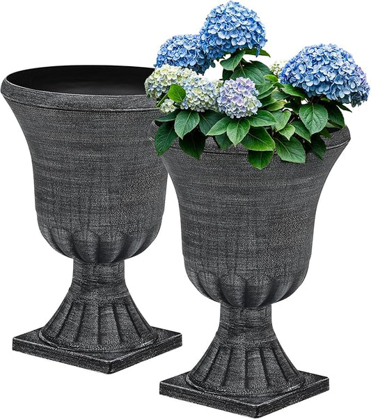 22" Large Urn Planters (Set of 2), Handmade Washed Black Plastic Flower Pots, Weatherproof for Porch, Garden, Patio or Home Décor