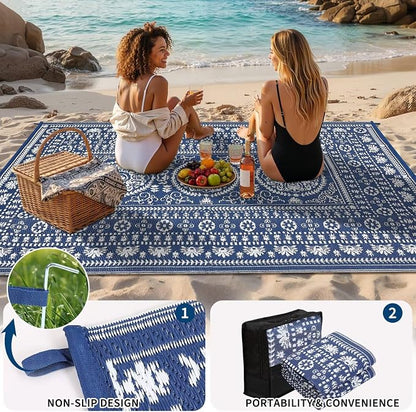 Garvee Reversible Outdoor Rug 6x9 for Patio, Waterproof Outdoor Area Rug, Modern Medallion Indoor Outdoor Rugs, Plastic Straw Rug for RV, Camping, Deck, Vintage Navy