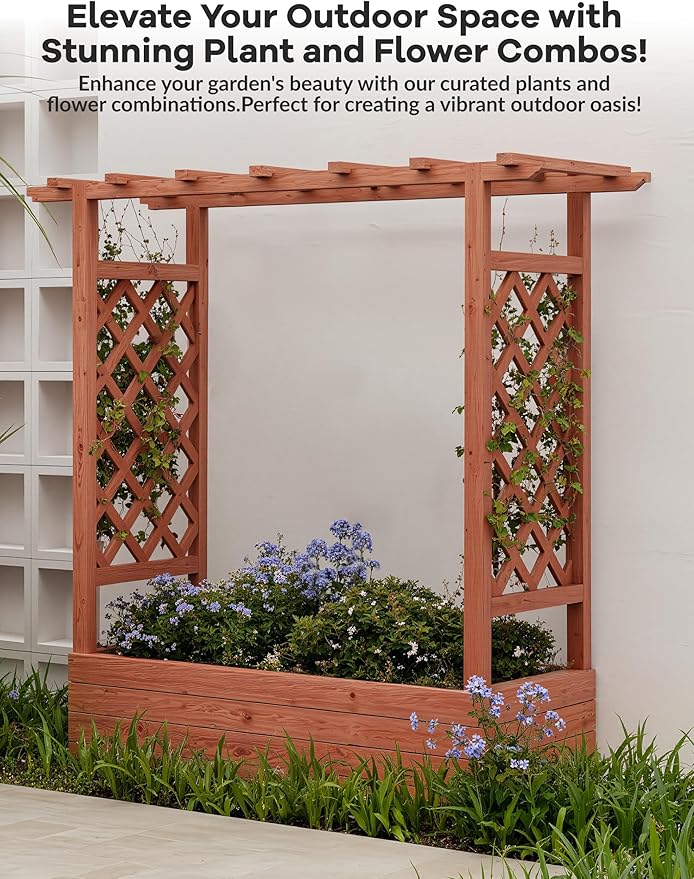 GarveeLife Raised Garden Bed with Trellis, 45 in Wood Planter Box with Side Trellis, Hanging Roof, and 4 Drainage Holes, Freestanding Elevated Garden Bed for Climbing Plants, Vines, Flowers