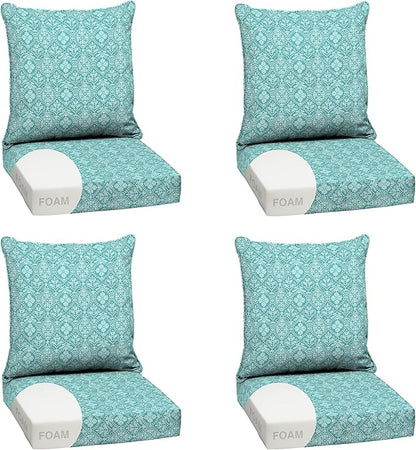 Arden Outdoor Foam Deep Seat Cushion Set (4-Pack), 24x24, Premium High-Density Foam, Never Flattens, Weather-Proof for Patio Chair Sofa Couch, Turquoise Daphne Medallion