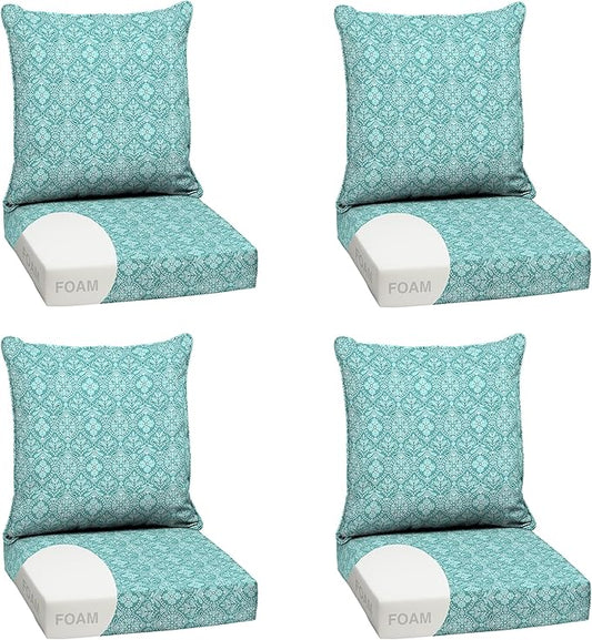 Arden Outdoor Foam Deep Seat Cushion Set (4-Pack), 24x24, Premium High-Density Foam, Never Flattens, Weather-Proof for Patio Chair Sofa Couch, Turquoise Daphne Medallion