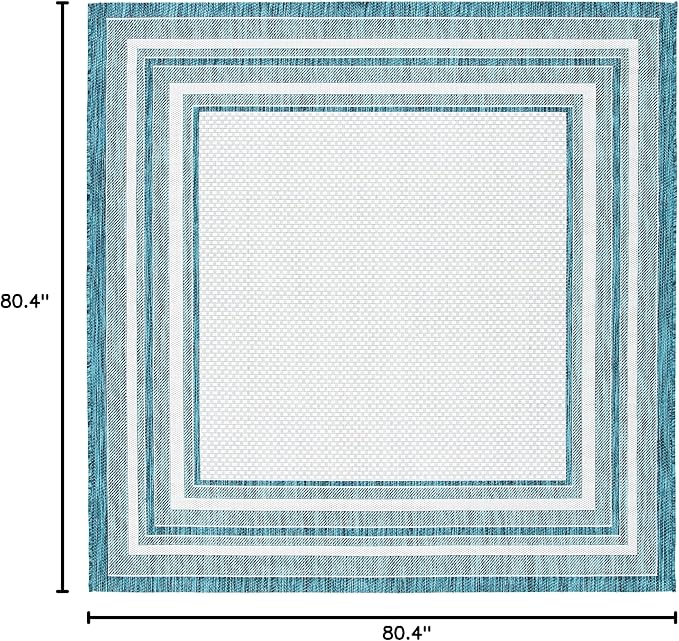 SAFAVIEH Washable Rug Outdoor Courtyard Collection - 6'7" Square, Ivory & Teal, Non-Shedding & Easy Cleaning, Ideal for Patio, Backyard, Mudroom (CY8475-53512)
