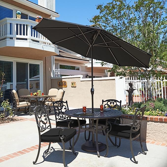 California Umbrella 7.5' Round Aluminum Outdoor Deck, Pool or Patio Umbrella, Crank Lift, Auto Tilt, Bronze Pole, Black