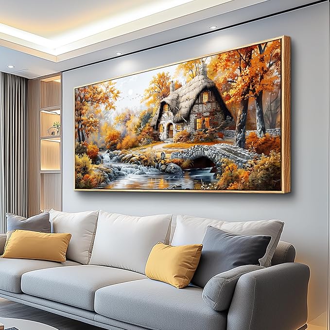 QIYILEXWART Large Wall Decor For Living Room Canvas Wall Art For Office Modern Wall Decorations For Bedroom Autumn Cottage River Landscape Painting Farmhouse Pictures Artwork Room Home Decor 24x48