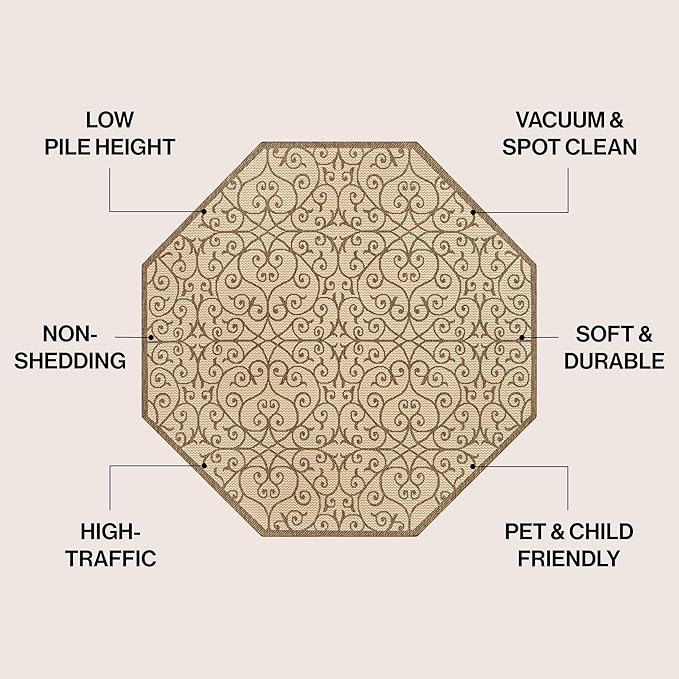 JONATHAN Y Vintage Filigree Indoor Outdoor Octagon Area Rug 8 Ft Beige/Brown, Madrid Textured Weave for Backyard, Patio, Porch, Easy-Cleaning, High Traffic, Pet-Friendly, Non-Shedding (SMB107B-8TGN)
