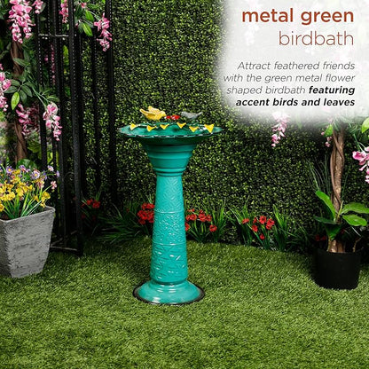 Alpine Corporation ORS112GN Vintage Metal Pedestal Birdbath with Stand, Shallow Bird Bath Bowl for Outside, 28" H, Green