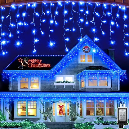 82ft 792 LED 176 Drops Christmas Lights, Outdoor Hanging lights with 8 Modes and Timer Memory, Plug In Outside Waterproof Curtain String Lights for House Fence Tree Holiday Party Decorations (Blue)