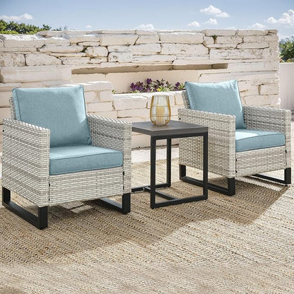 Wicker Outdoor Patio Chairs Set - 3 Piece Rattan Patio Furniture Bistro Chairs Set with Waterproof Wicker,Comfortable Cushions and Sturdy Metal Frame for Porch Deck Backyard(Light Grey/Sky Blue)