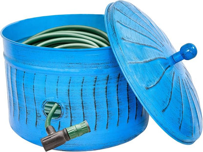 Sunnydaze Metal Garden Hose Pot for Outside with Lid - UV-Resistant 145-Foot Outdoor Hose Holder - Blue Patina Finish