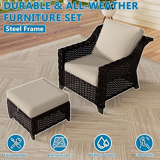 VistaVibe 4 Pieces Outdoor Patio Conversation Furniture Set - 2 Luxurious Armchairs | 2 Wicker Ottomans, Removable Cushions, Hand-Woven PE Rattan, Office, Porch (Brown/Beige)