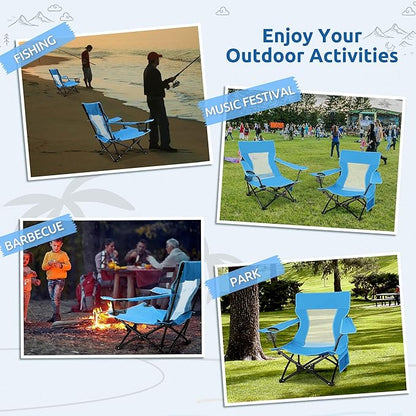 HaSteeL Folding Beach Chair Set of 2, Foldable Blue Camping Chairs for Outside, Low Beach Chair Portable for Adults Fishing, Picnic, Outdoor BBQ, Travel, Sports, Cup Holder & Storage Bag