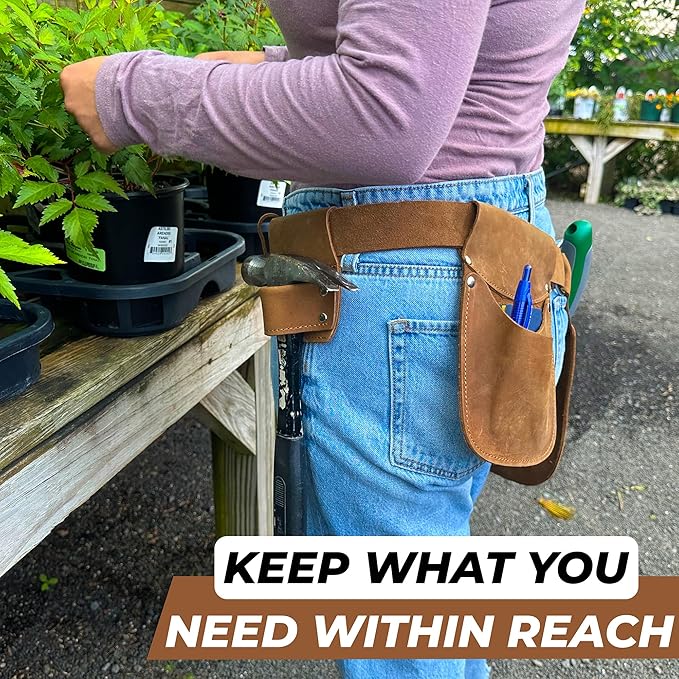 Leather Garden Tool Belt for Men Women | Gardening Tool Pouch | Gardener Apron | Holster Pouch | Tool Belt Bag Organizers | Florist Belt, Electrician, Carpenter, Framer, Landscaper
