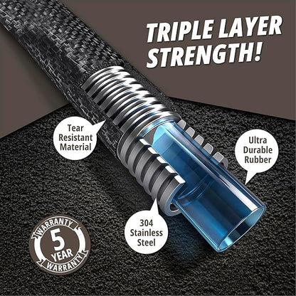 Hydrosteel PRO 50 Ft Heavy Duty Metal Garden Hose with Nozzle, Water Hose Made from 304 Stainless Steel, Flexible, Lightweight, Brass Crush Resistant Fittings, Kink Free, 5/8” Diameter, 600 PSI