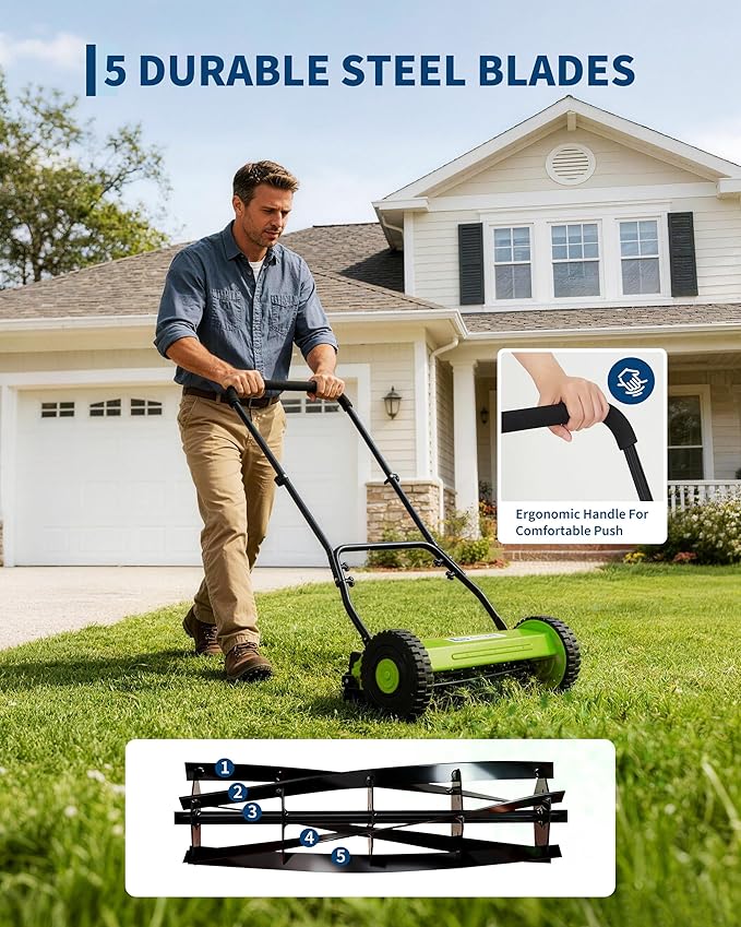 Garvee 14" Push Reel Lawn Mower, 5-Blade Manual Walk-Behind Lawn Mower with Adjustable Cutting Height, Compact Push Mower for Small Yards, Green