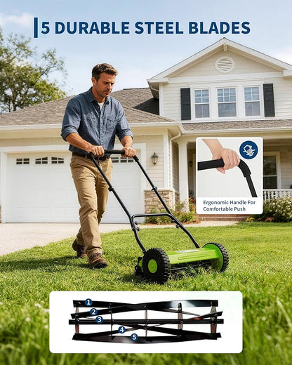 Garvee 14" Push Reel Lawn Mower, 5-Blade Manual Walk-Behind Lawn Mower with Adjustable Cutting Height, Compact Push Mower for Small Yards, Green