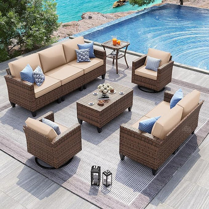 UDPATIO Patio Furniture Set, 6 Pieces Outdoor Furniture Sets with Rocking Swivel Chairs, Wicker Rattan Outdoor Conversation Set with Storage Table and Waterproof Covers for Backyard Deck Porch, Khaki