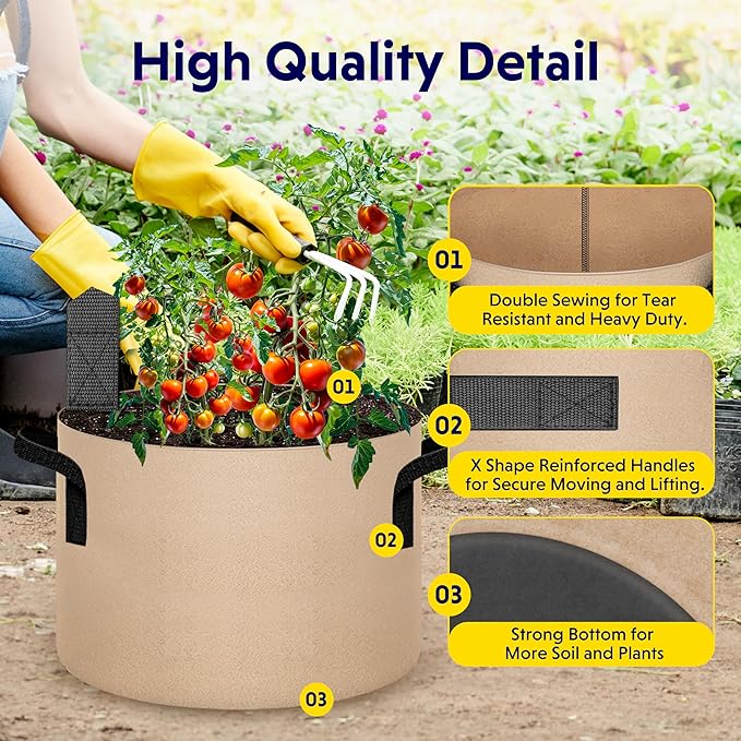 iPower 5-Pack 7 Gallon Plant Grow Bags Thickened Nonwoven Aeration Fabric Pots Heavy Duty Durable Container, Strap Handles for Garden, Tan New