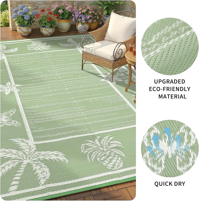 Garvee Outdoor Rug 9x12 Waterproof for Patios, Reversible Plastic Straw Rug, Tropical Leaf Indoor Outdoor Rugs, Large Area Rug for RV, Camping, Deck, Picnic Mat, Outside Carpet