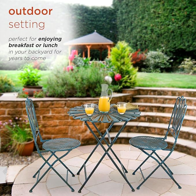 Alpine Corporation Indoor/Outdoor 3-Piece Peacock Feather Rustic Metal Bistro Set Patio Seating, Light Blue